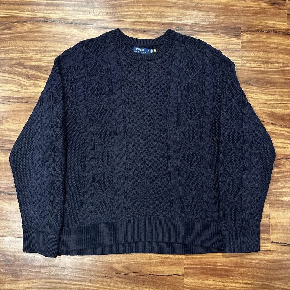 Polo Ralph Lauren Sweater Mens 2XL Blue Cable Knit Heavyweight Cotton Crewneck